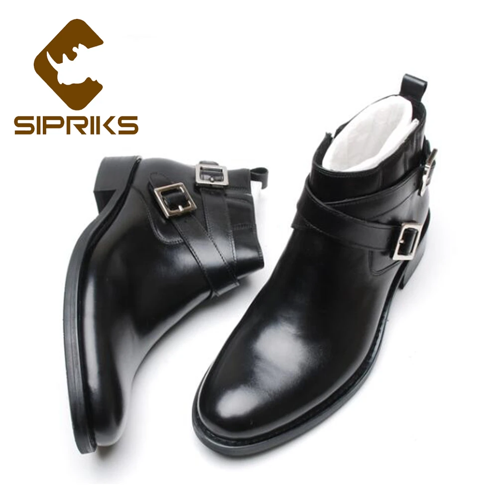 Sipriks Botines de piel auténtica para hombre, negras con cremallera y correas de doble hebilla, punta redonda, zapatos de corte superior alto, talla grande 37 - AliExpress