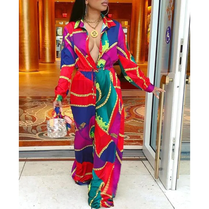 

Colorblock Drawstring Waist Wide Leg Jumpsuit For Women 2019 Long Sleeve Casual Loose Rompers Womens Jumpsuit Summer Overalls