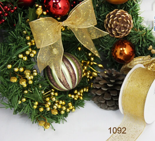 

N1092 38mm(1-1/2") Christmas glitter gold organza ribbon gift packaging wired edge ribbon 25yards roll