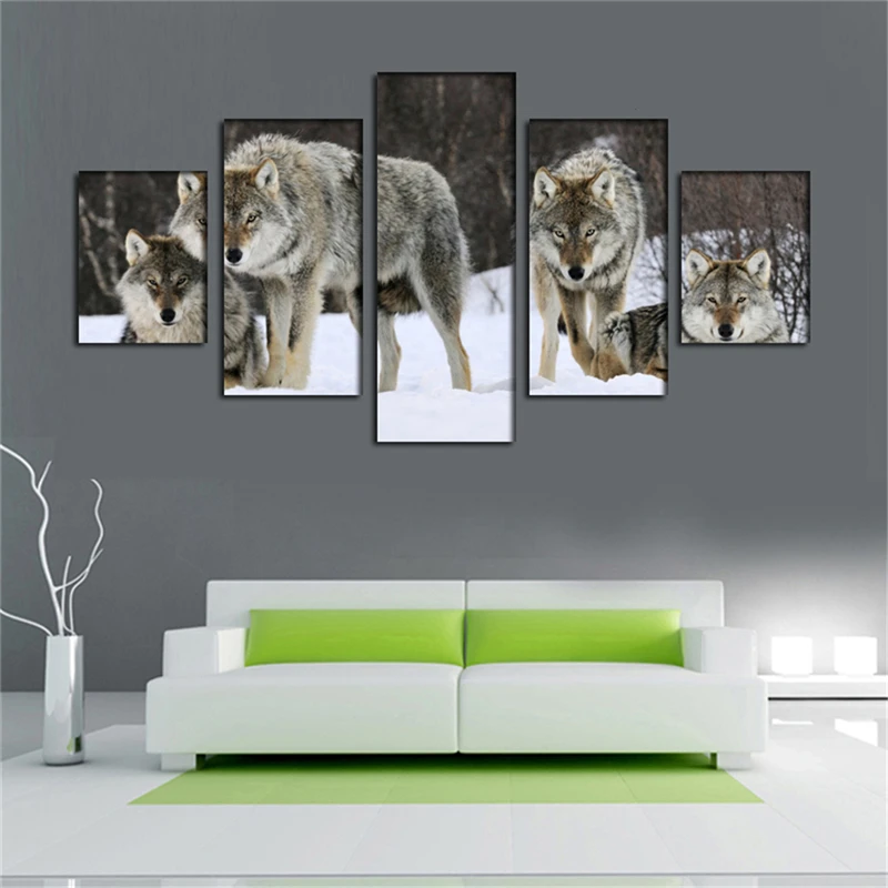 Kopen 5 stks Moderne Canvas Schilderij Wall Art De Foto Lone Hout Wolf In Sneeuw Storm Bos Dier Kunstwerk Voor Thuis decoratie