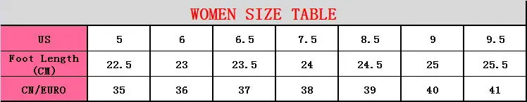women size table