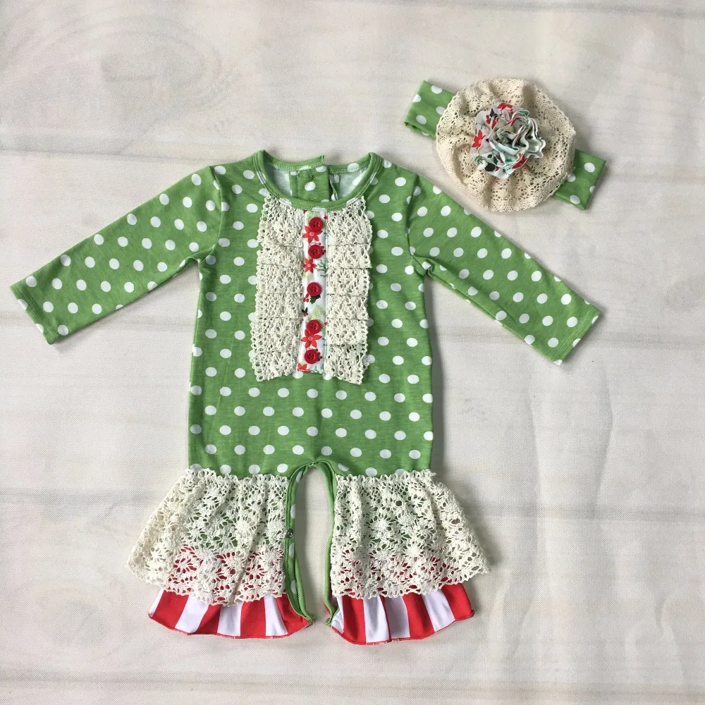 

Christmas Baby Rompers Newborn Romper Long Sleeves Green White Polk Dot Toddler Remake Clothes With Headwear GPF807-214