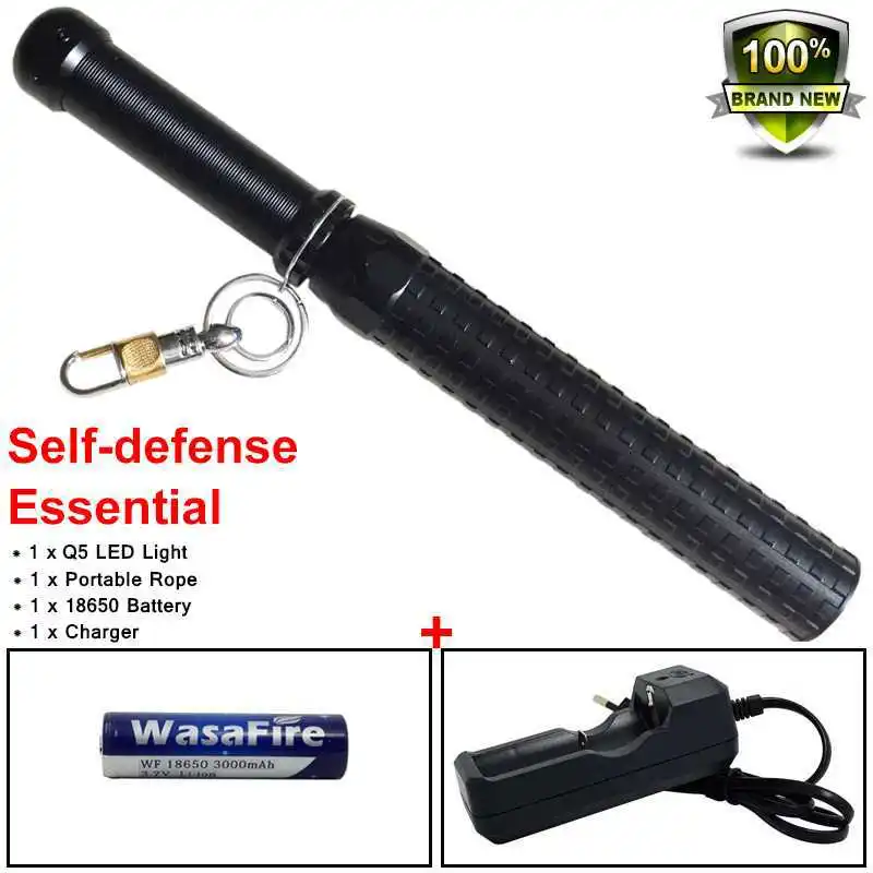

XPE Q5 2000 Lumen Baton Tactical Led Flashlight 3 Modes Self Defense Lamp Torch With 18650 Battery + Charger For Camping Hunting