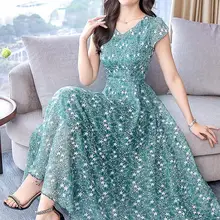 Высокое качество, большие размеры, M-3XL, лето, Новое поступление,, принт со звездами, v-образный вырез, короткий рукав, женское шифоновое длинное платье