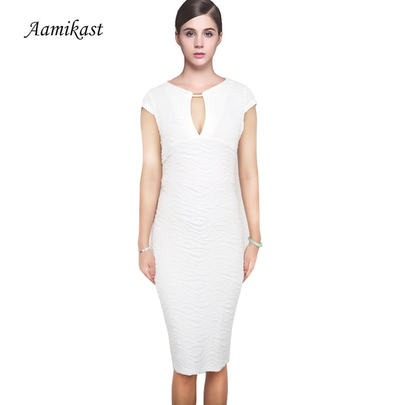 New Fashion Elegant O-neck Short Sleeve Key White Pencil Party Evening Bodycon Women Dresses | Женская одежда