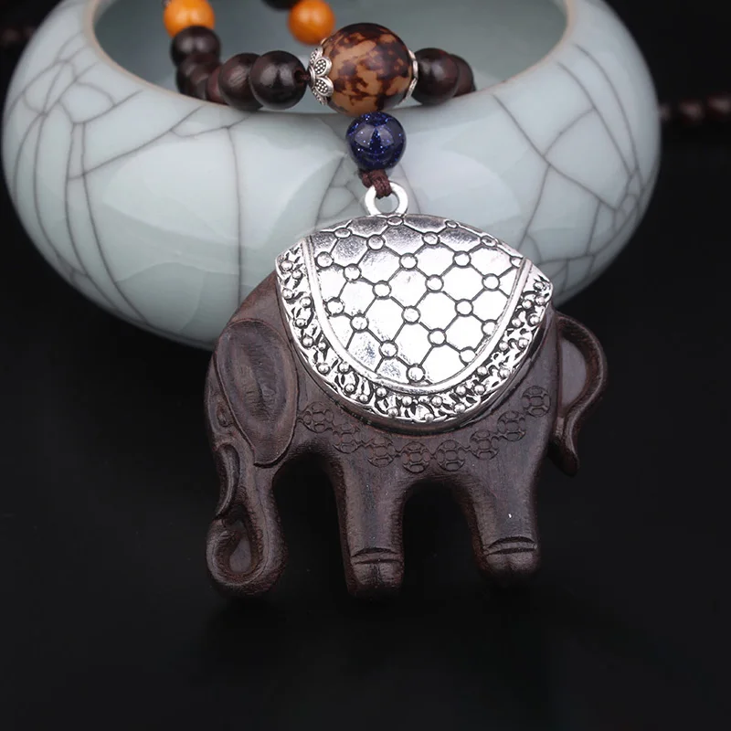 

New original Elephant vintage necklace, fashion Tivetan silver flowers ethnic necklace, Black Rosewood pendants necklace