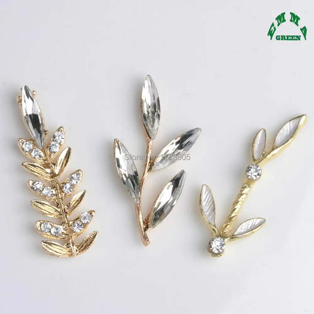 

Leaf Flower with Clear Crystal 5pcs Gold Color Branch Leaves Charms Pendants Embellishments Button for Bridal Hair Accessories