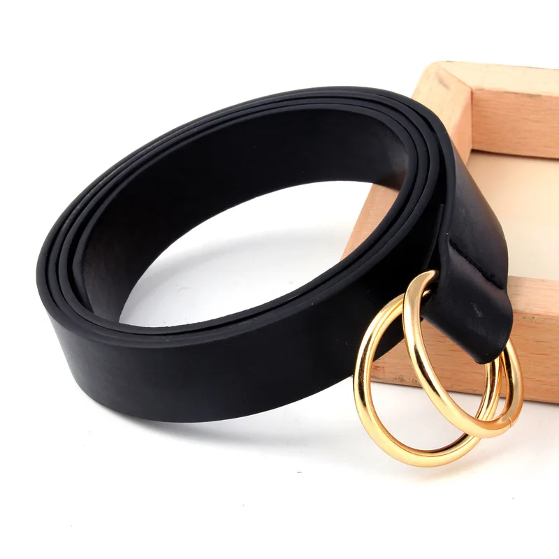 PU Leather Belt For Women Double Ring Round Circle Gold Buckle Free ...