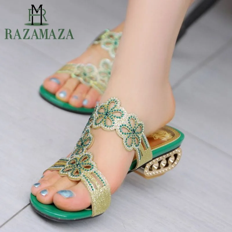 

RAZAMAZA Women Thick Heel Sandals Fashion Floral Open Toe Casual Shoes Daily Summer Bling Leisure Women Shoes Size 32-43