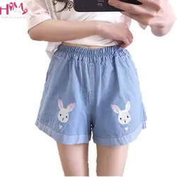 Летний Мори девушка милый кролик женские шорты Жан Винтаж Вышивка кролик мультфильм повседневное подросток Boho джинсовые широкие