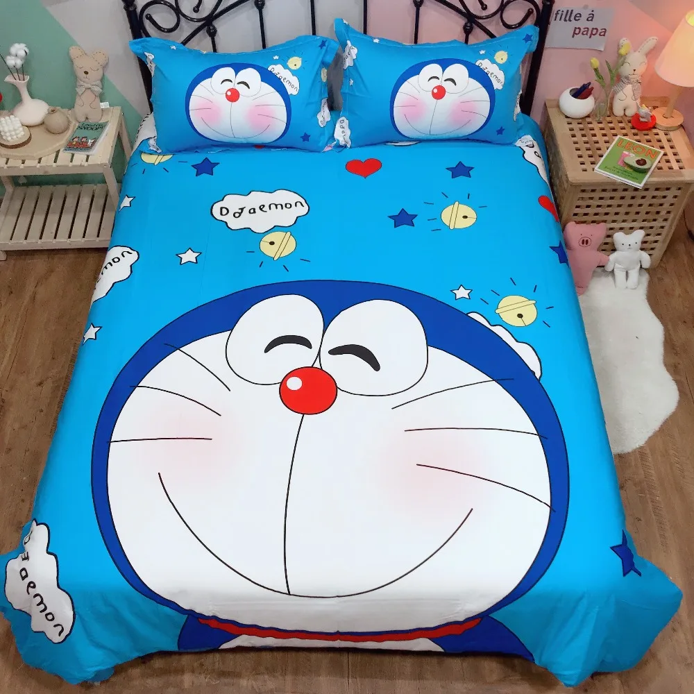 Комплект постельного белья с рисунком Doraemon для мальчиков, хлопковое стеганное одеяло, милое пуховое одеяло с рисунком «Королева», милое постельное белье синего цвета для девочек