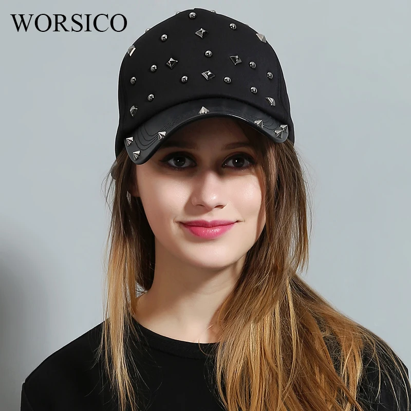 

[WORSICO] Design Rivet Cotton Baseball Cap Women Luxury Brand Leather Snapback Cap for Women Black Novelty Motorcycle Cap hats