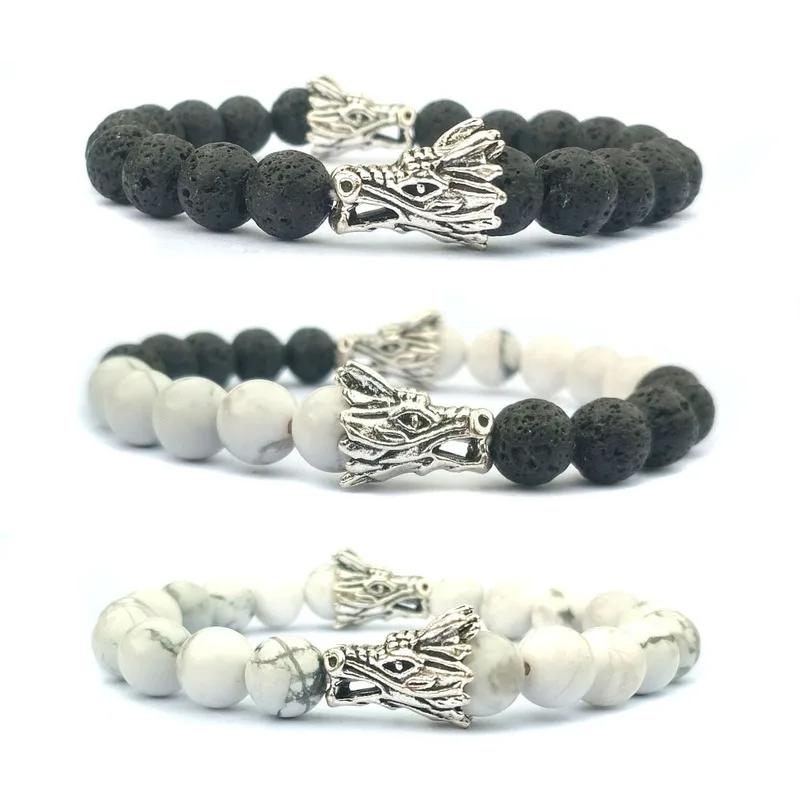 

Dragon Heads 8mm Howlite Stone Bracelet Black Lava Stone Essential Oil Diffuser Bracelets Stretch Energy Jewelry