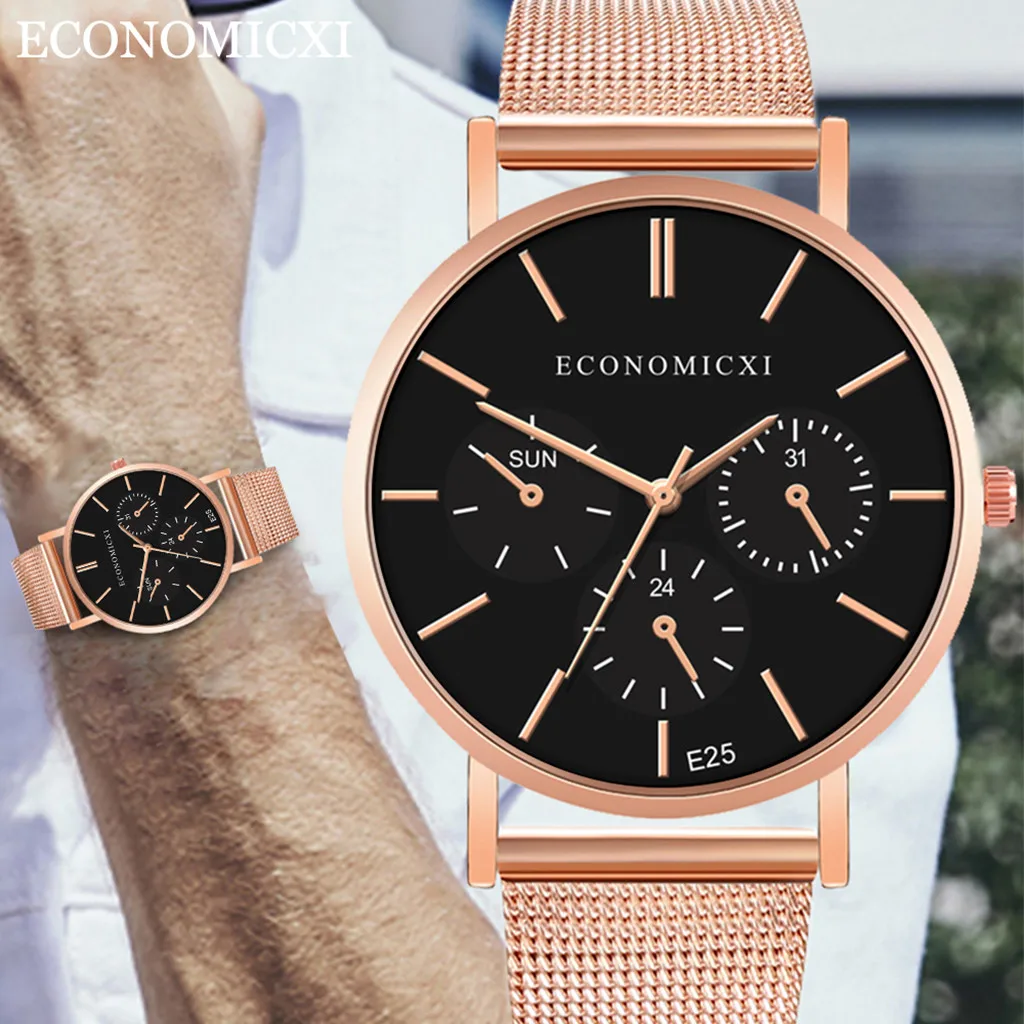 Мужские модные часы reloj hombre, простые часы из нержавеющей стали с тремя глазами, маленький циферблат, мужские кварцевые часы
