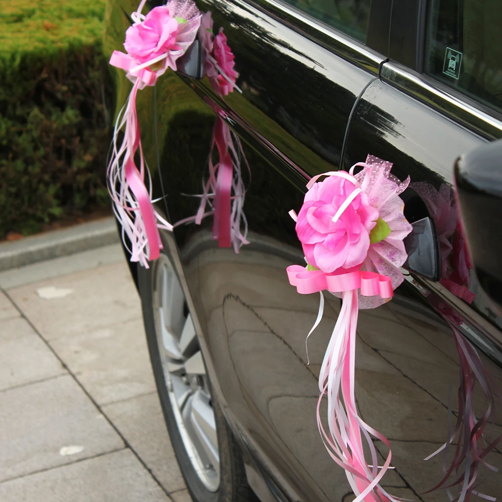 6PCS Wedding Car Door Handle Flowers - White Artificial Bouquet With Bow Decorations