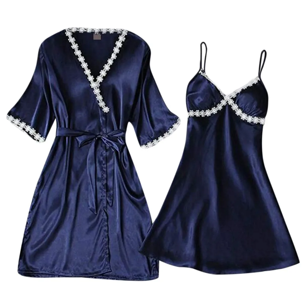 Халат, нижнее белье, сексуальное ночное белье, кружевное однотонное шелковое ночное белье, женское нижнее белье, платья, ночная рубашка, хлопковый комплект для сна - Цвет: Синий