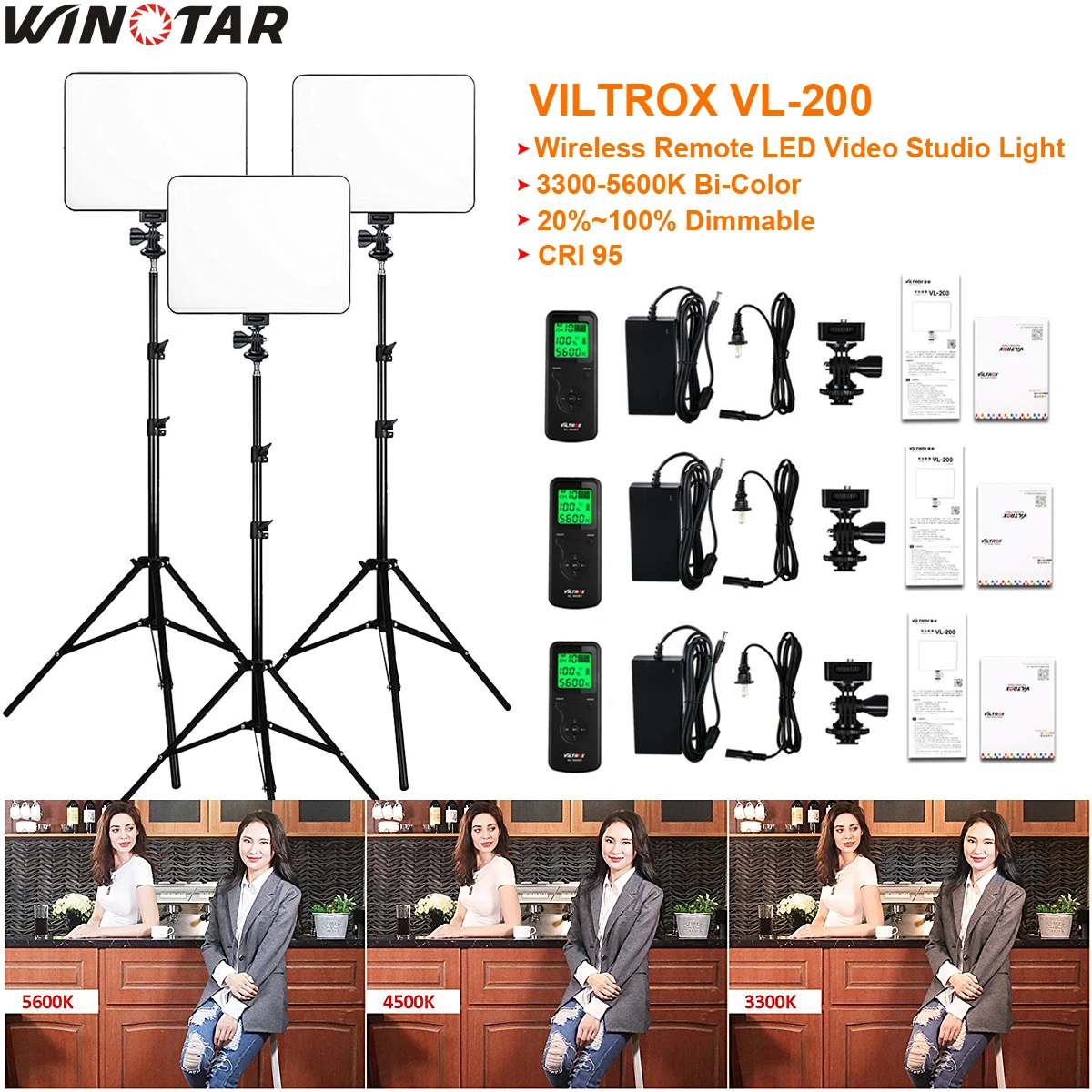 3 шт. VILTROX VL-200 3300 K-5600 K CRI 95 ультра тонкий Диммируемый двухцветный светодиодный