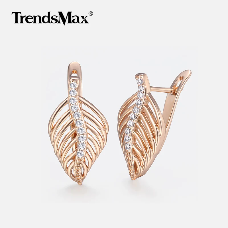 

Women's Earrings 585 Rose Gold Clear Cubic Zircon CZ Stone Leaf Shaped Stud Earring Fashion Jewelry Gifts for Women Girls KGE166