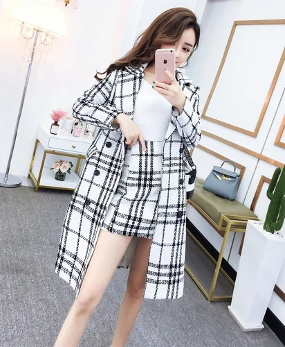 

Black And White Women Sets Clothes Double Breasted Turn-down Collar Tops Above Knee Mini 2 Set Woman Fashion And Brief