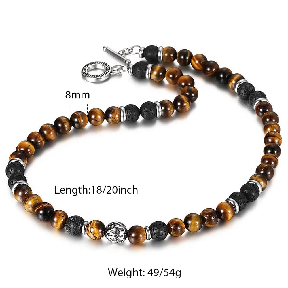 8mm Men's Unique Natural Tiger Eyes Stone Lava Bead Necklace Stainless Steel Bead Charm Link Chain Male Jewelry Gift TNB002