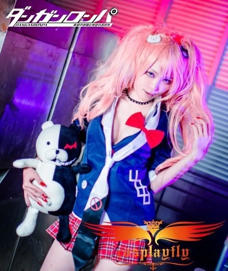 

Danganronpa Junko Enoshima Prohibition Symbol Mark Sign Cosplay Costume Dress Skirt Women Outfit Adult Tie Bunny Bow Hairpin