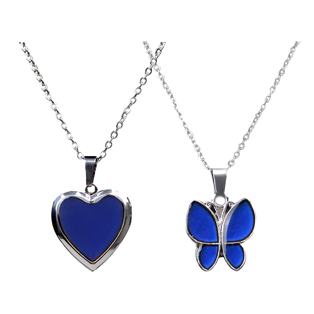 2 Pcs Charm Sensitive Thermo Mood Color Change Pendant Necklace Vintage Love Heart Photo Frame and Butterfly Pendant Necklace