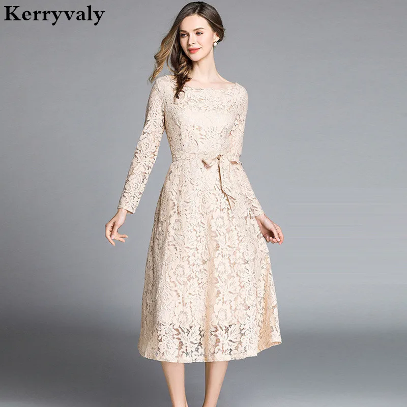 

New 2019 Spring Dress Women Long Sleeve Midi Party Blue Office Lace Glitter Dress Kleider Damen Vestidos De Festa K8281