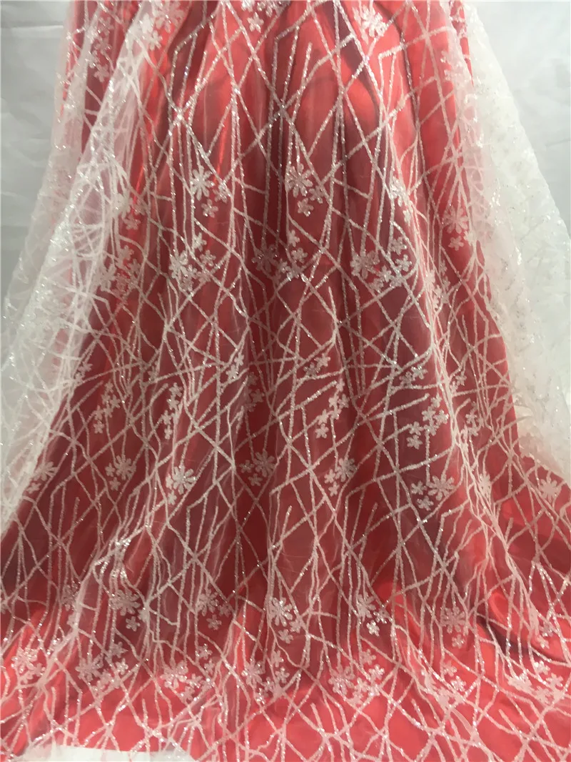 

JRB-102134 Clear white color African French tulle lace fabric glued glitter lace fabric with sequins for wedding dress