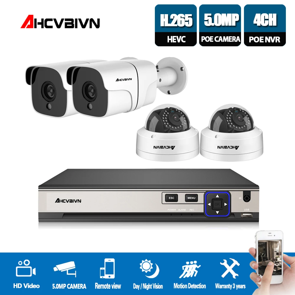 

AHCVBIVN Full HD 5MP 4Channel CCTV System 4pcs 5MP Metal Outdoor IP Camera 4CH 5.0MP POE NVR CCTV Kit HDMI P2P Email Alarm xmeye