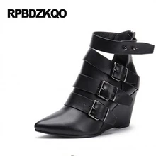 Повседневная Настоящая кожа ботильоны короткая острый носок Британская берцы мода батильоны Дизайнерская обувь женская роскошь дамы ботинки лифт металл настоящая черный клинья высокое качество китайский