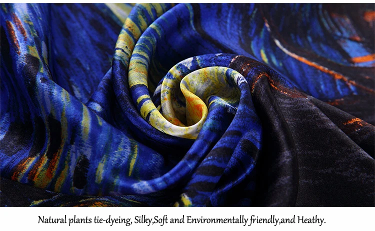 Темно-синий натуральный шелковый шарф для дам, фирменный дизайн, шарфы, весна-осень, Ван Гог, картина маслом, квадратные шарфы, обертывания, 90*90 см