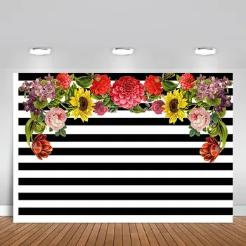 

MEHOFOFO Photo Backgrounds Red Pink Yellow Flower White and Black Stripes Birthday New Backdrops Photocall for A Photo Shoot