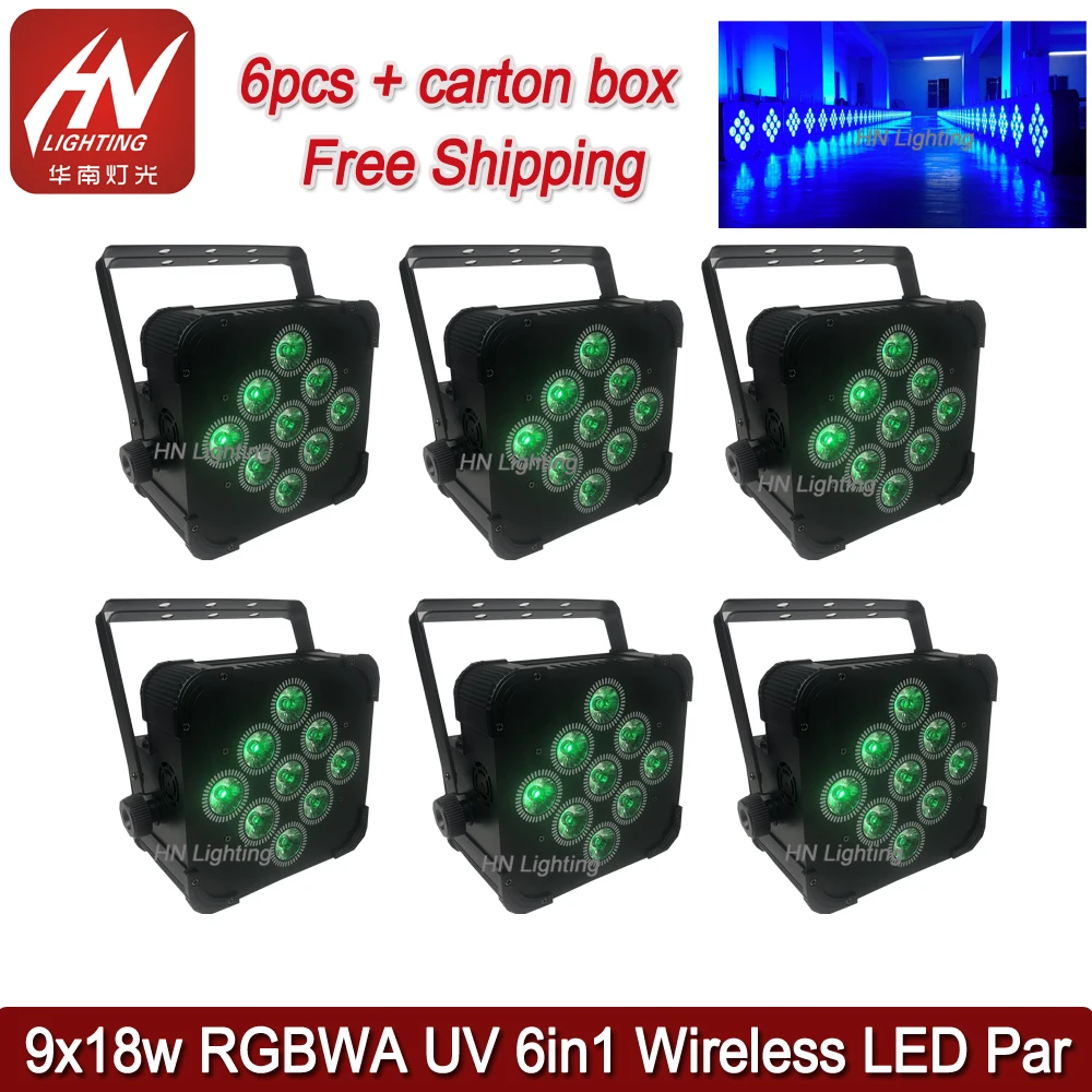 

6pcs battery operated wireless dmx512 led up light / 9x18w RGBAW+UV DMX LED DJ light par / wedding led battery