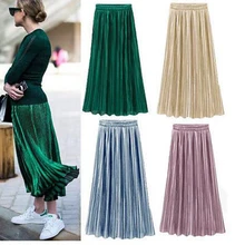 Новые женские шелковистые длинные макси юбки розовый, фиолетовый, зеленый серебряный желтый плиссированные юбки один размер