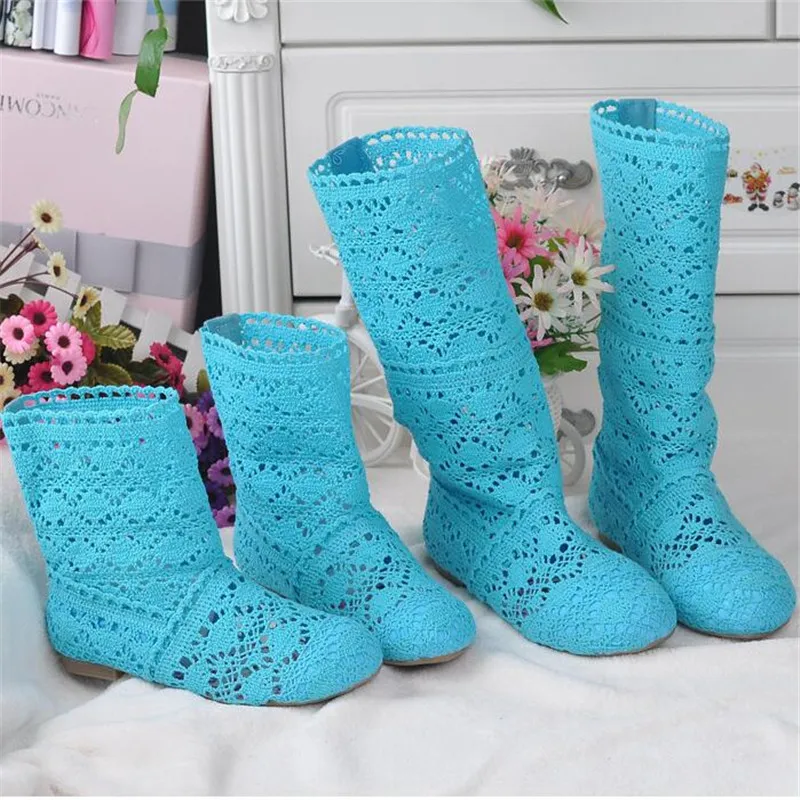 Femininas de Malha Botas de Malha de Fundo Botas de Renda Primavera e Outono Sapatos com Calçados Oca para Primavera e Outono Botas Plano Tubo Alto Baixo Femininas Respiráveis 2021 - 26 Botas de cano médio