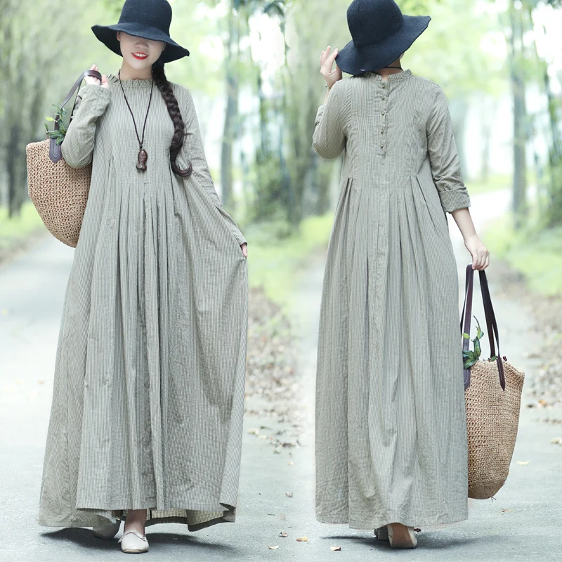 Skup Vintage Cotton Linen styl mori girl długa sukienka 2019 lato z długim rękawem luźny wąski pasek Casual modny guzik Maxi sukienka tunika kobiet