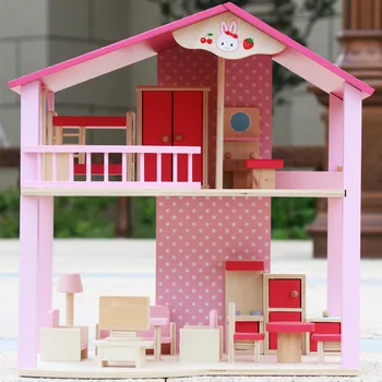 

Children Wooden Doll House Pretend Toy/ Kids Wooden Doll Villa with Miniature Furniture and puppets Birthday Gift