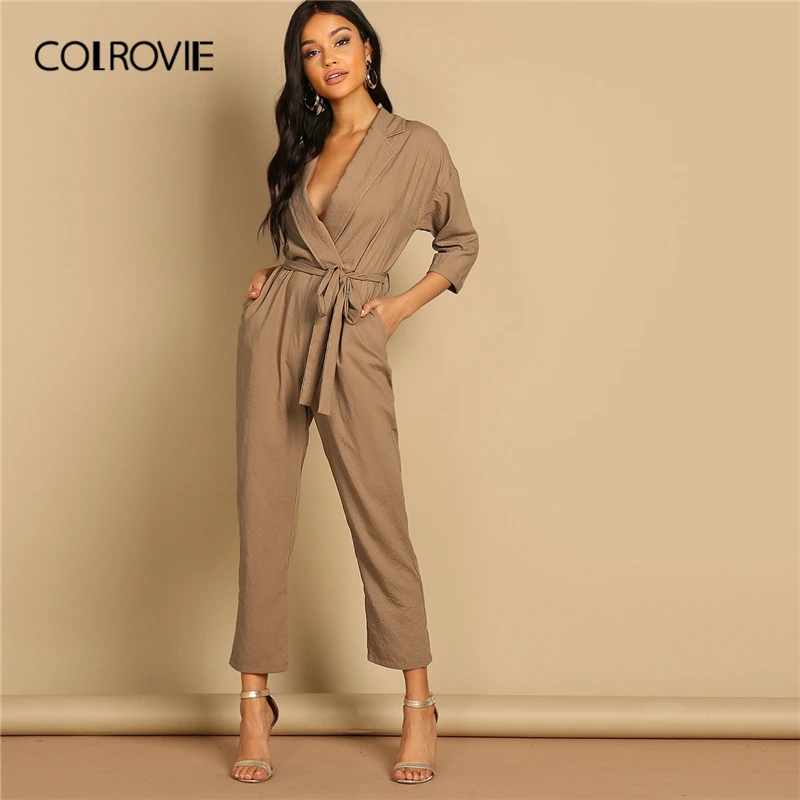 

COLROVIE Camel Slant Pocket Belted Notch Neck Casual Jumpsuit Women 2019 Spring Korean High Waist Wrap Skinny Elegant Jumpsuits