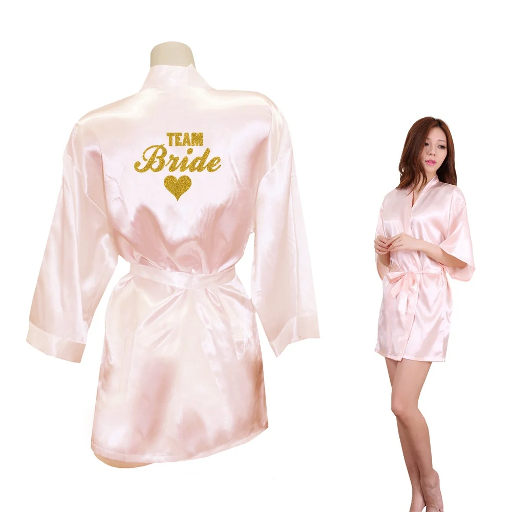 Кимоно халат из искусственного шелка женская свадебная одежда, одежда для невесты с принтом сердца золотого блеска, халаты для девичника, пижамы