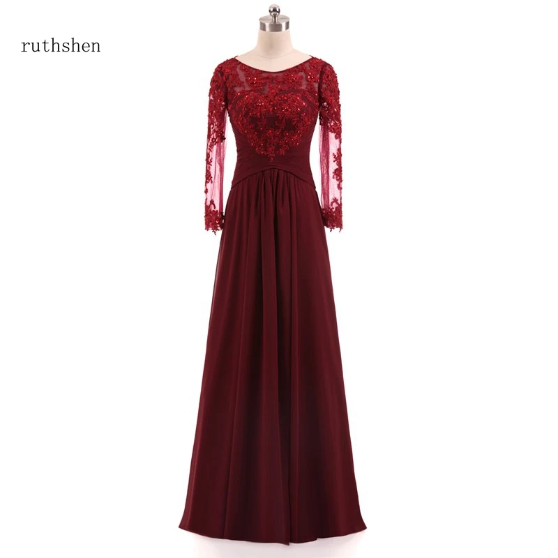

ruthshen New Fashion A line Long Sleeves Lace Chiffon Mother of the Bride Dress Pleat Evening Dress Mother Bride Gown