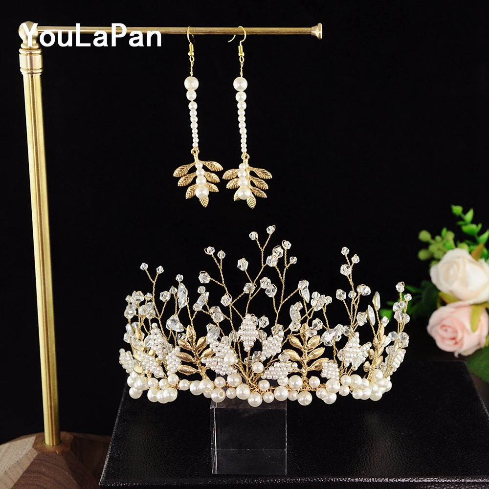 

YouLaPan HP196 Wedding Headwear Wedding Tiara Beaded Bride Crown one set Bride Hair Jewelry Wedding Hair Crown for women