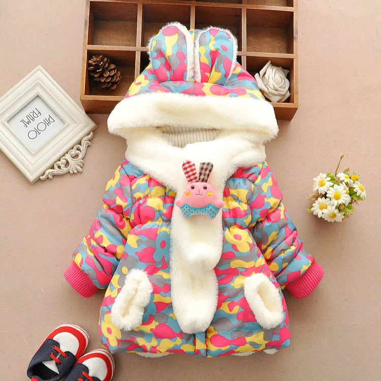 KEAIYOUHUO/зимнее пальто для маленьких девочек; камуфляжная куртка с милыми заячьими ушками для маленьких девочек; детская теплая верхняя одежда на Рождество; детская одежда