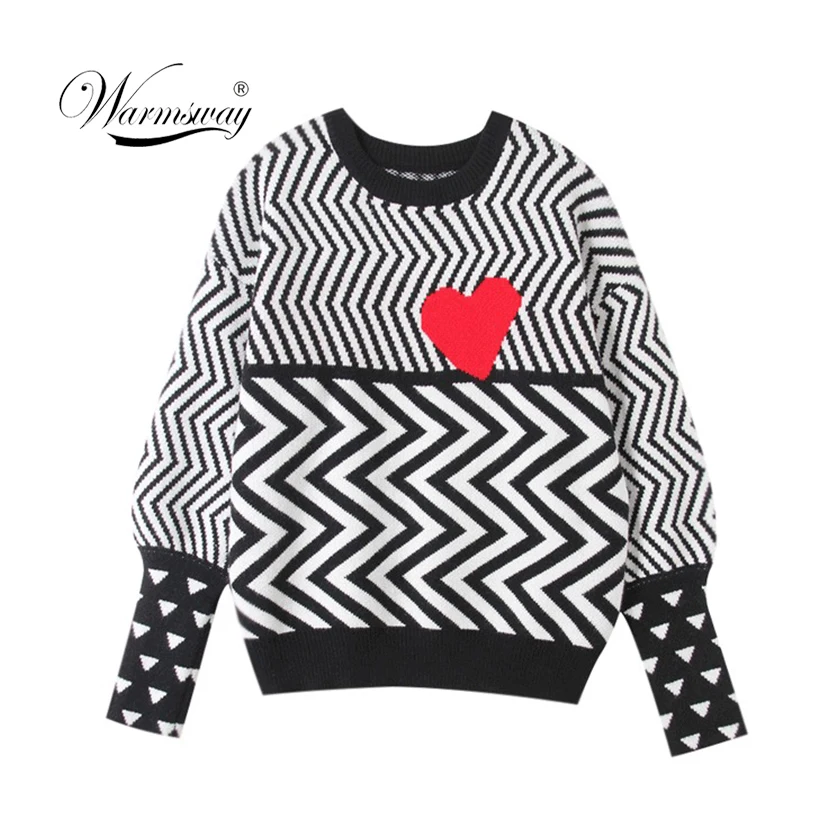 2019 Autumn Winter Women Sweaters Geometric Heart Pattern Long Sleeve Tops Lovely Pullovers Knitted Loose C-005 | Женская одежда