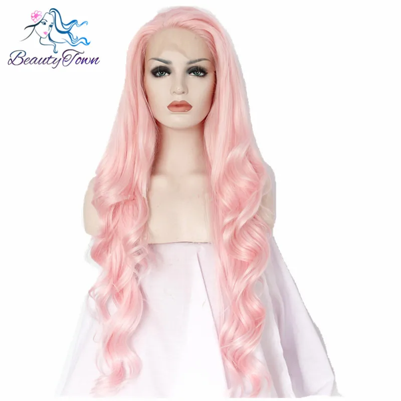 

BeautyTown Pink Color Glueless Heat Resistant Hair Body Wave Hand Tied Cosplay Perruque Synthetic Lace Front Wigs For Women Gift