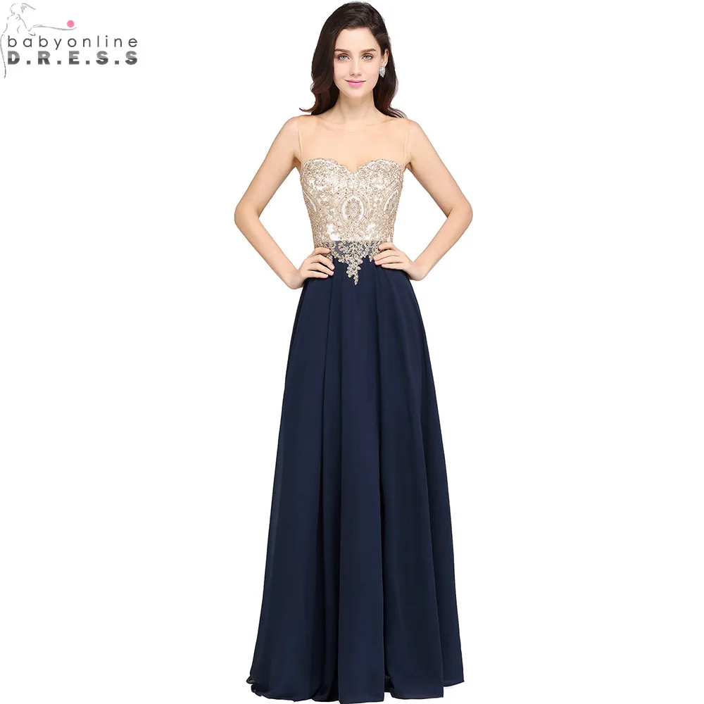 

Robe de Soiree Longue Sexy Sheer Back Navy Blue Lace Beaded Evening Dress Cheap Chiffon Evening Gown Vestido de Festa