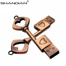 SHANDIAN металлический медный usb флеш-накопитель с сердечком и ключом 4 ГБ 8 ГБ 16 ГБ 32 ГБ 64 Гб карта памяти u-диск мини свадебный подарок