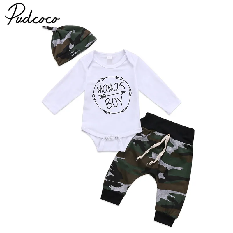 Brand New 3Pcs Set Newborn Toddler Infant Baby Boy Long Sleeve Tops Romper Camouflage Pants Hat 3Pcs Kids Outfits Clothes