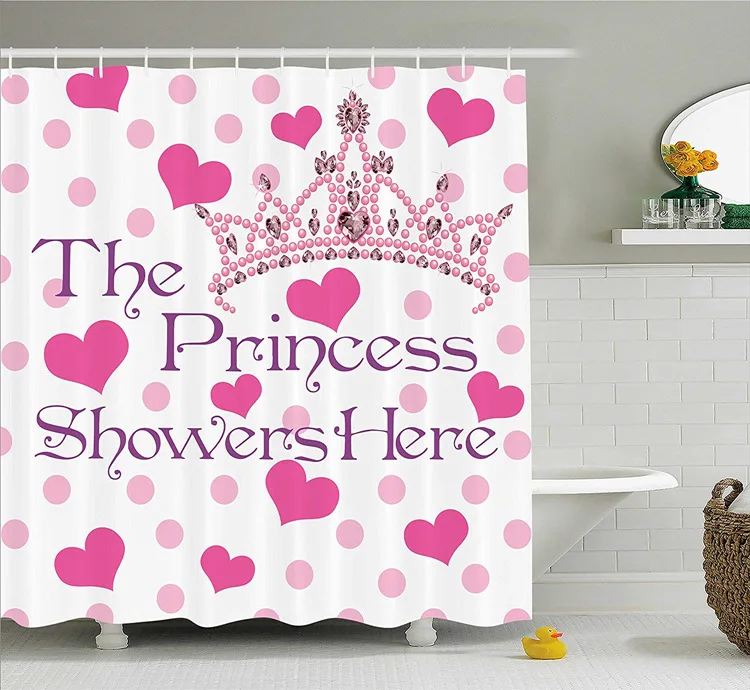 

Funny Pink The Princess Showers Here Quotes Shower Curtains for Girl Bathroom Curtain Polka Dots Hearts Crown Birthday Decor