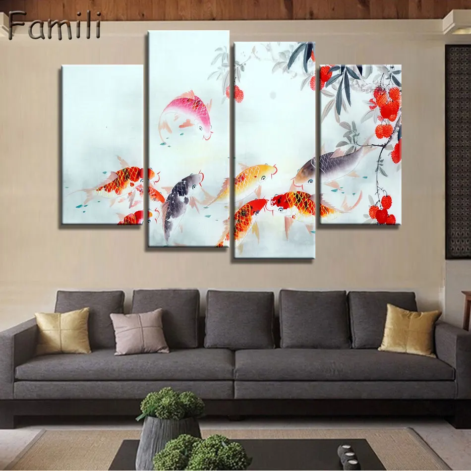 

4 Panel Ancient Chinese Brush Painting Print Canvas Lotus pond Koi Art Picture For Living Room Study Wall Decors No Frame