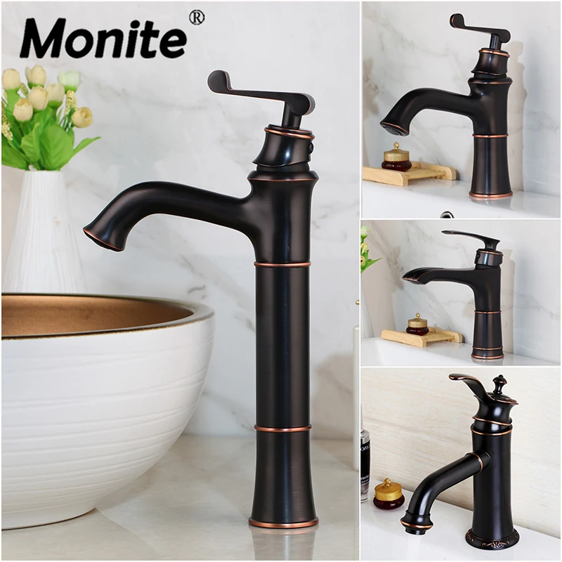 Monite Black Oil Rubbed Bronze Bathroom Faucet Basin Stream Spout Bathroom Deck Mount Sink